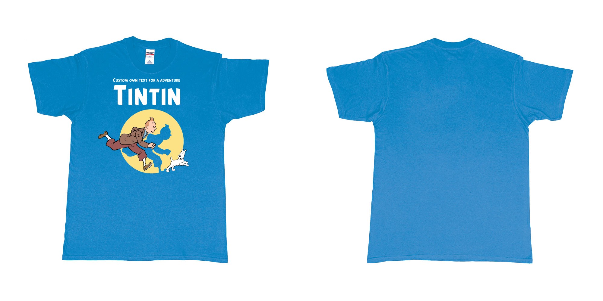 Custom tshirt design tintin custom text for adventure teeshirt printing in fabric color sapphire choice your own text made in Bali by The Pirate Way