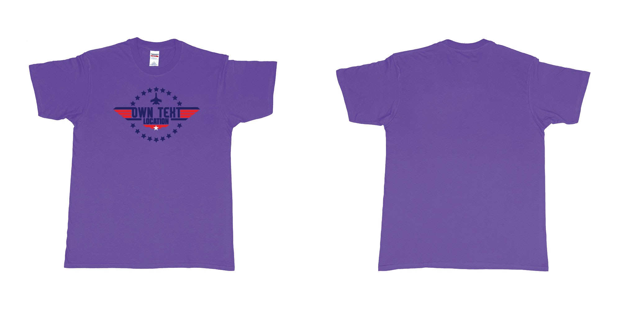 Custom tshirt design top gun maverick logo custom text dad mom stagdo location t shirt bali print in fabric color purple choice your own text made in Bali by The Pirate Way