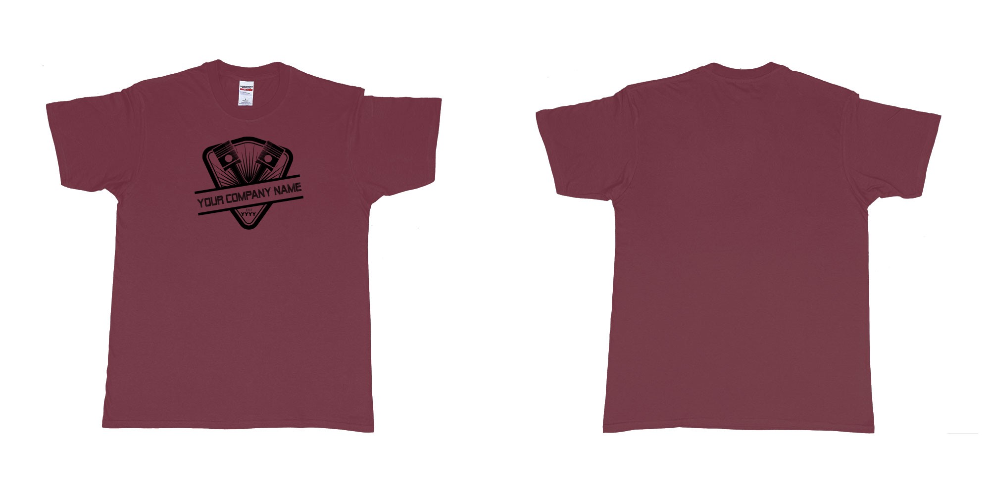 Custom tshirt design two piston custom personalized car repairs or mechanic own text print tshirt design in fabric color marron choice your own text made in Bali by The Pirate Way