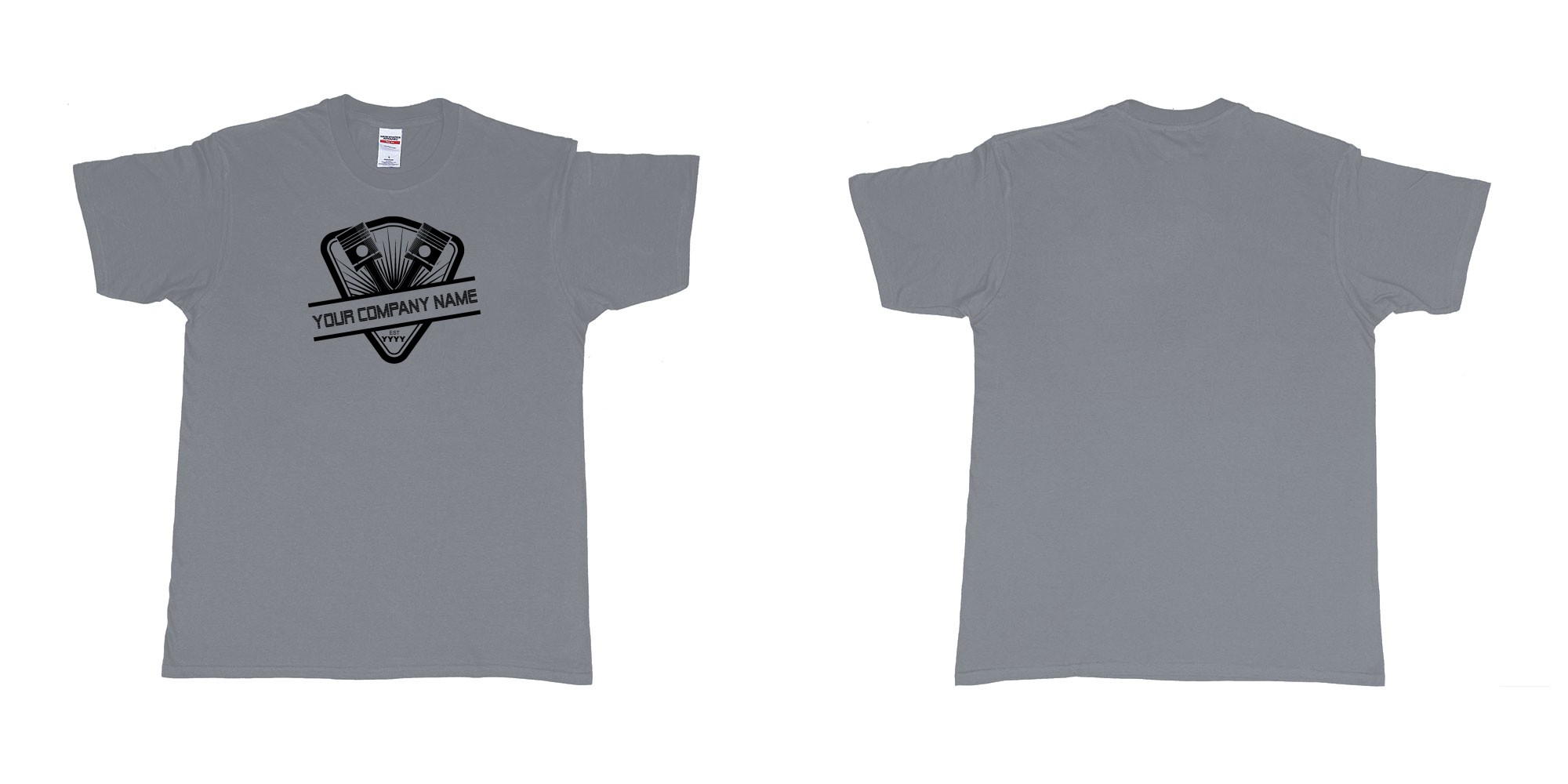 Custom tshirt design two piston custom personalized car repairs or mechanic own text print tshirt design in fabric color misty choice your own text made in Bali by The Pirate Way