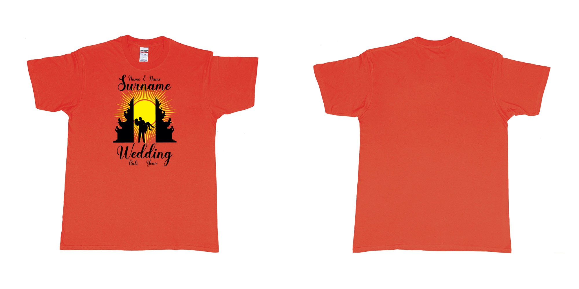 Custom tshirt design wedding couple bali temple custom printing in fabric color red choice your own text made in Bali by The Pirate Way