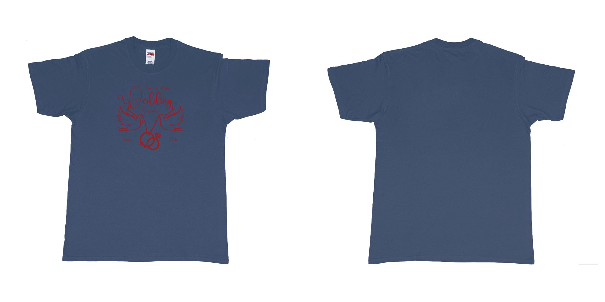 Custom tshirt design wedding doves holding rings in fabric color navy choice your own text made in Bali by The Pirate Way