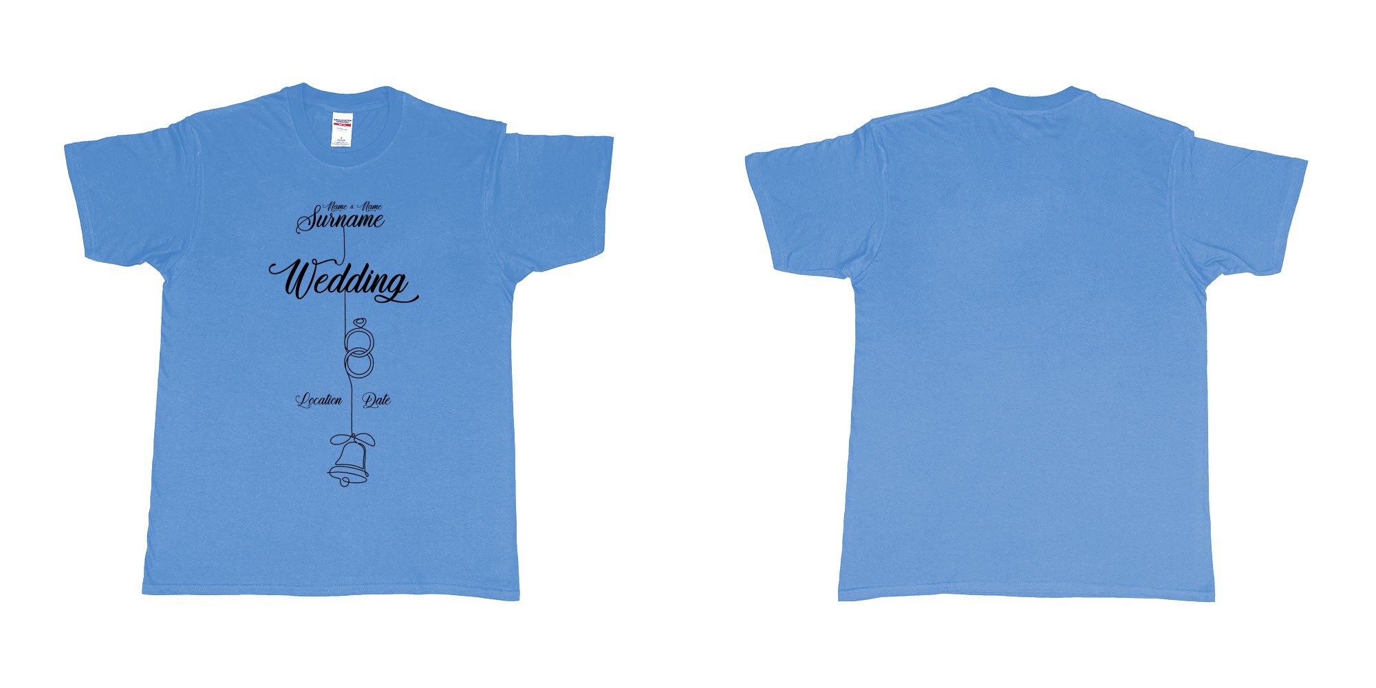 Custom tshirt design wedding string rings bell in fabric color carolina-blue choice your own text made in Bali by The Pirate Way
