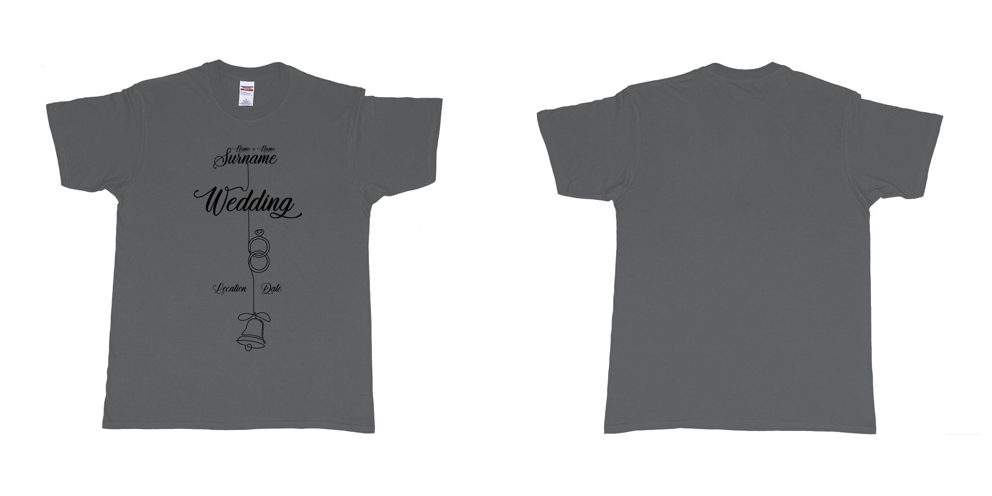 Custom tshirt design wedding string rings bell in fabric color charcoal choice your own text made in Bali by The Pirate Way
