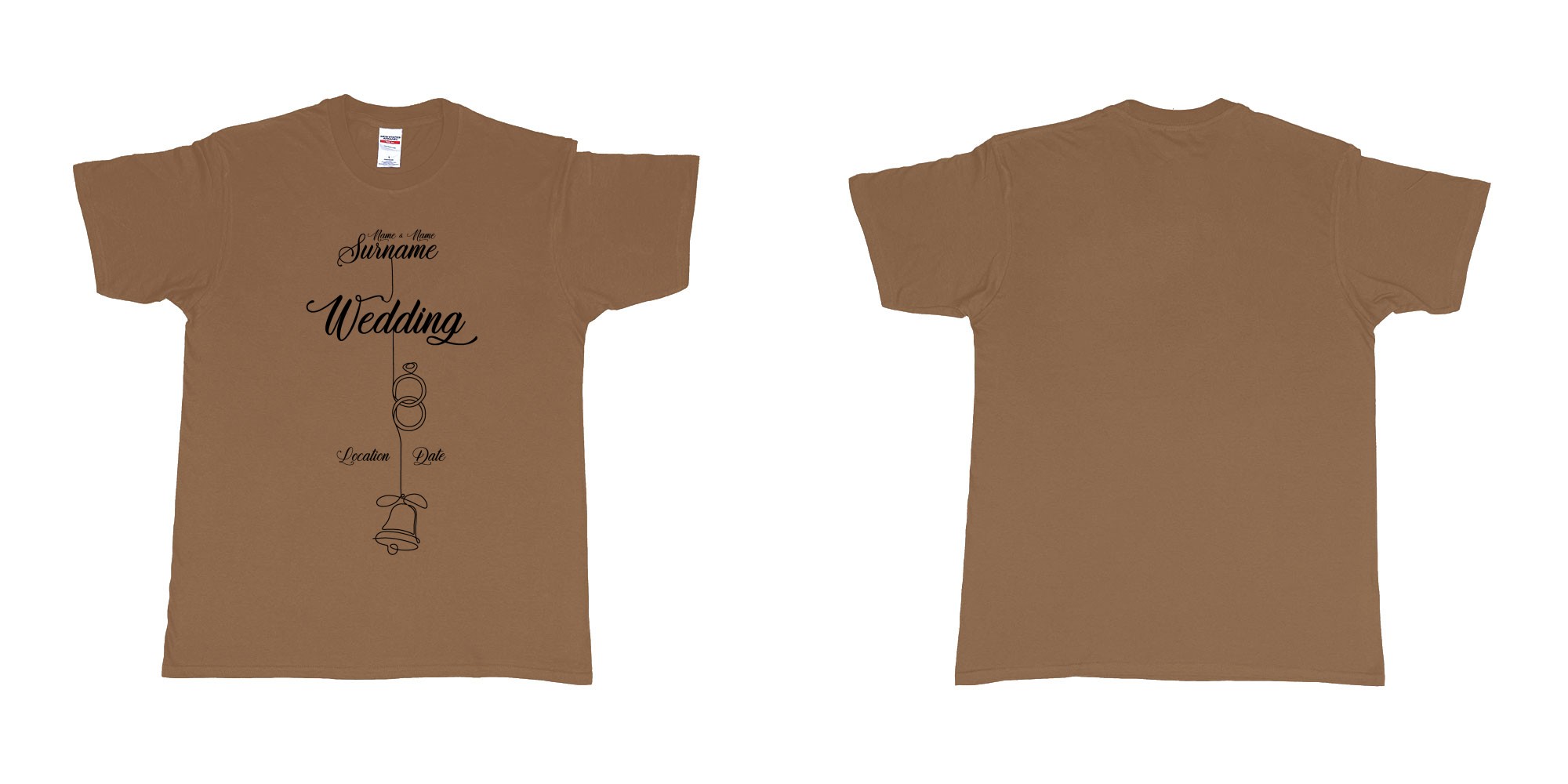 Custom tshirt design wedding string rings bell in fabric color chestnut choice your own text made in Bali by The Pirate Way