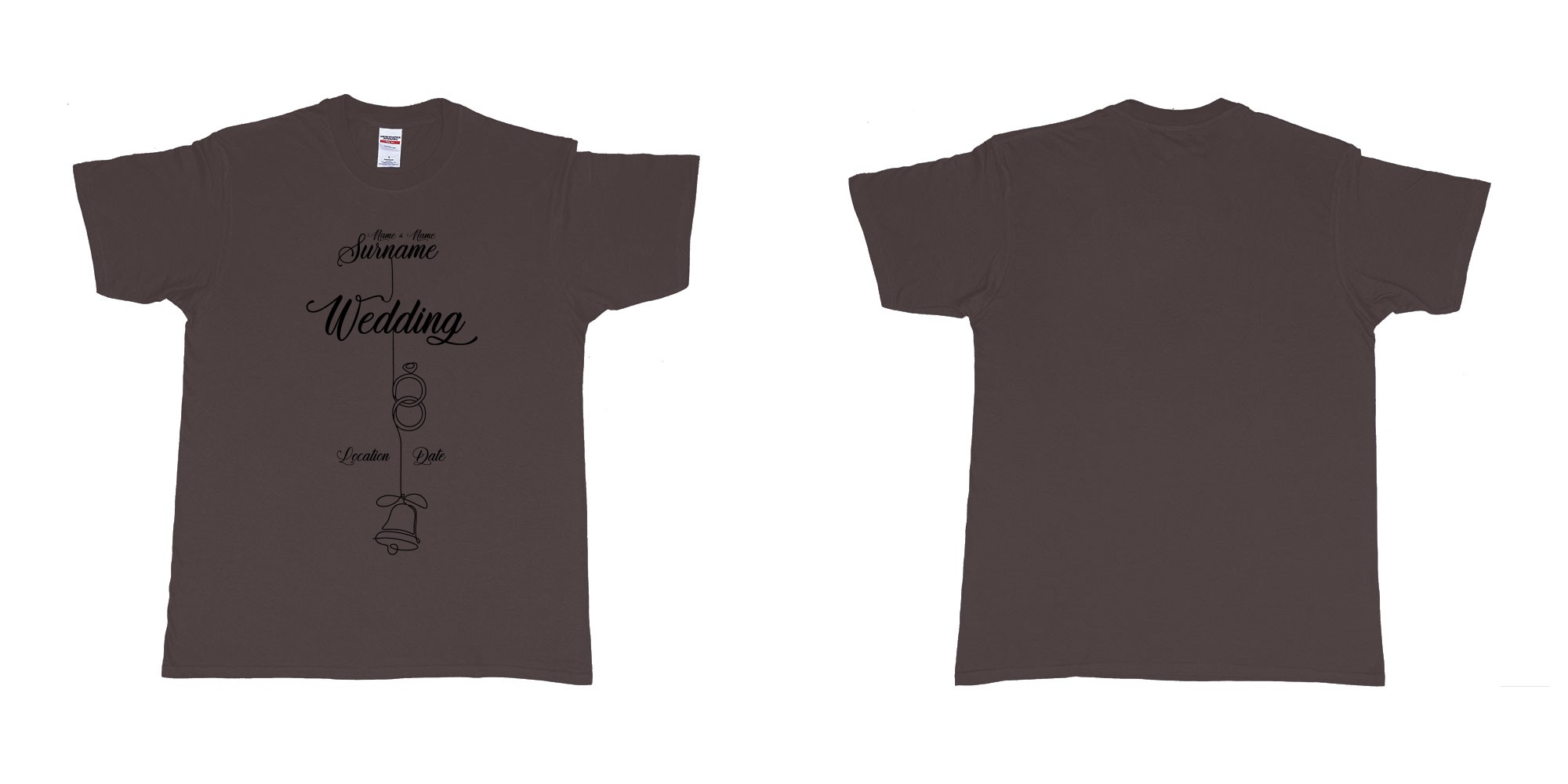 Custom tshirt design wedding string rings bell in fabric color dark-chocolate choice your own text made in Bali by The Pirate Way