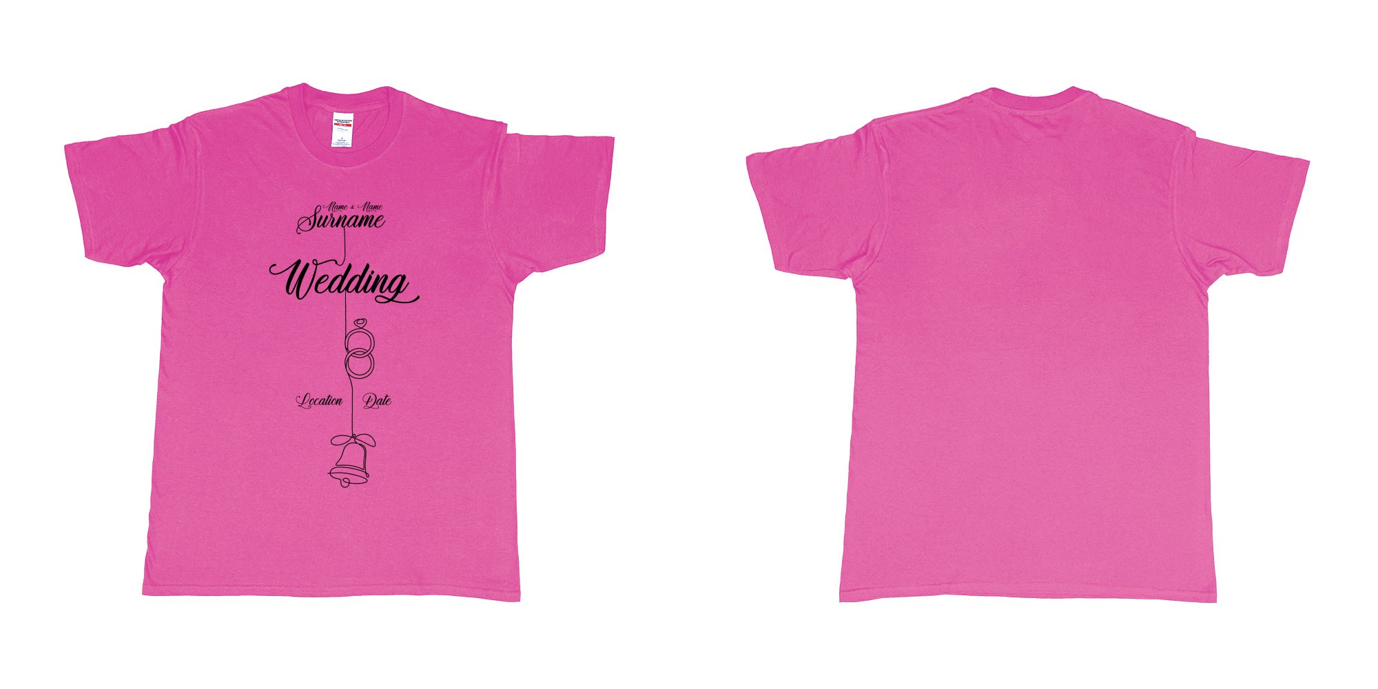 Custom tshirt design wedding string rings bell in fabric color heliconia choice your own text made in Bali by The Pirate Way