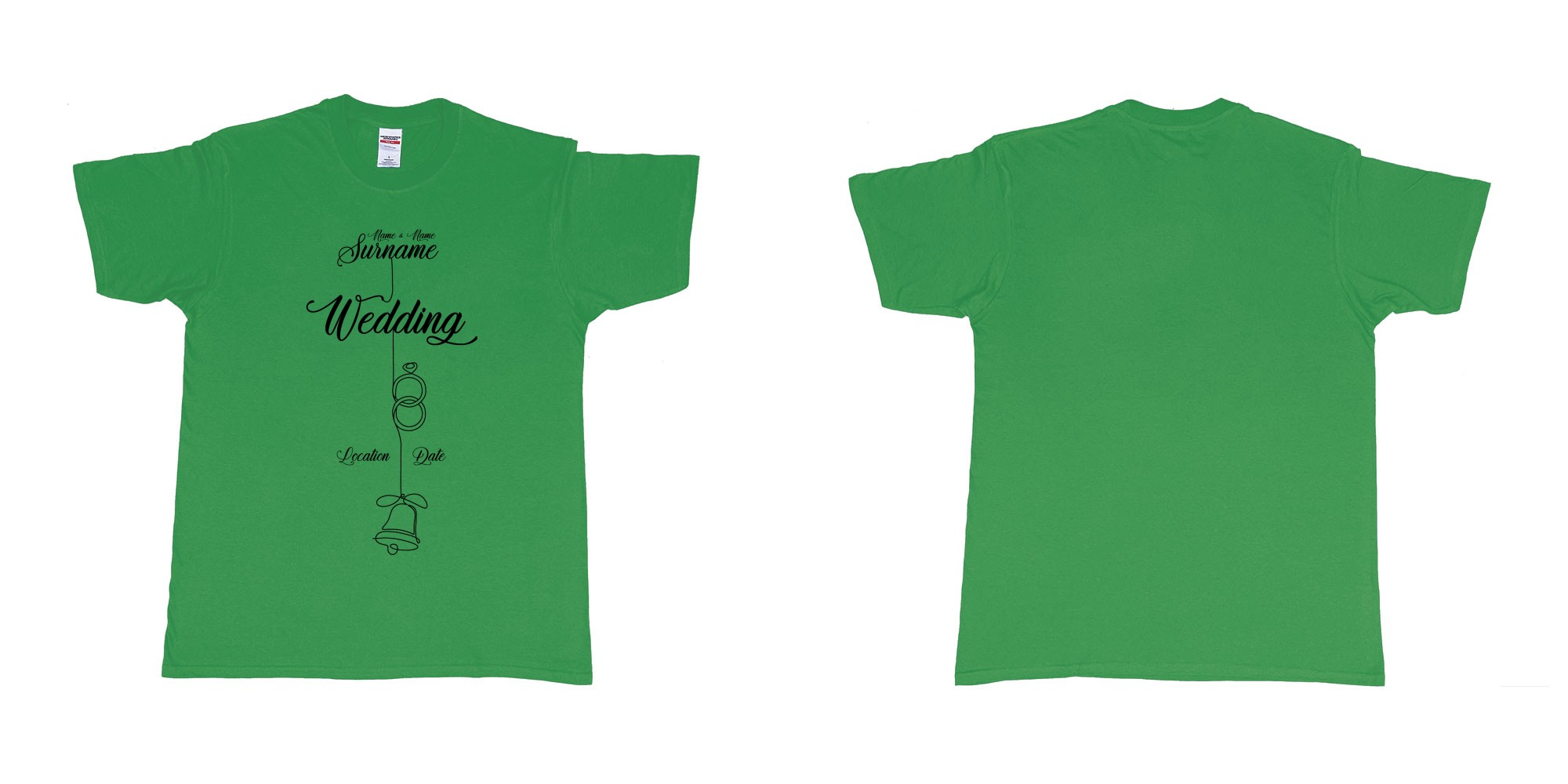 Custom tshirt design wedding string rings bell in fabric color irish-green choice your own text made in Bali by The Pirate Way