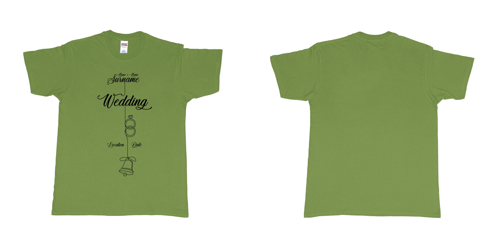 Custom tshirt design wedding string rings bell in fabric color military-green choice your own text made in Bali by The Pirate Way
