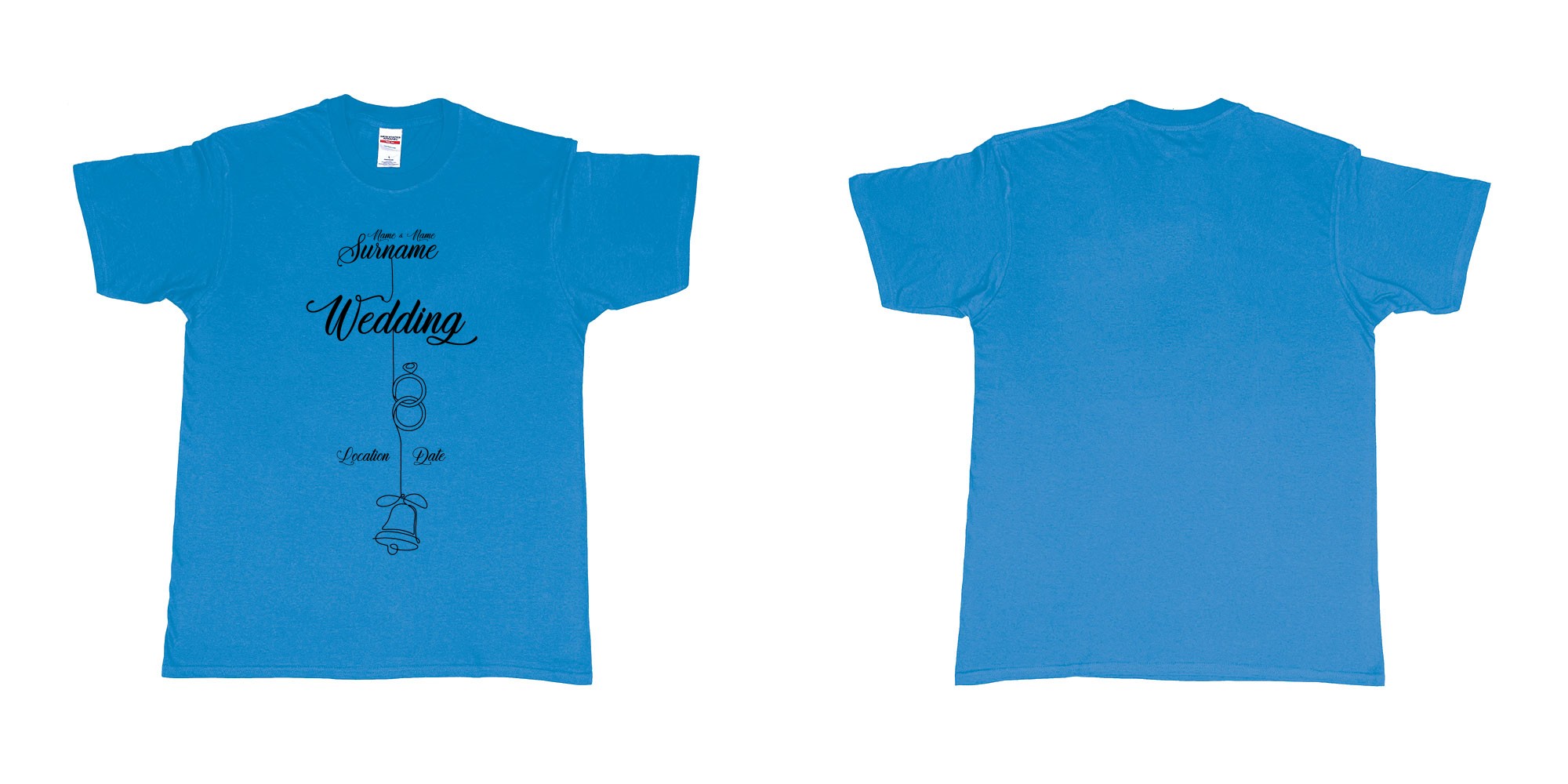 Custom tshirt design wedding string rings bell in fabric color sapphire choice your own text made in Bali by The Pirate Way