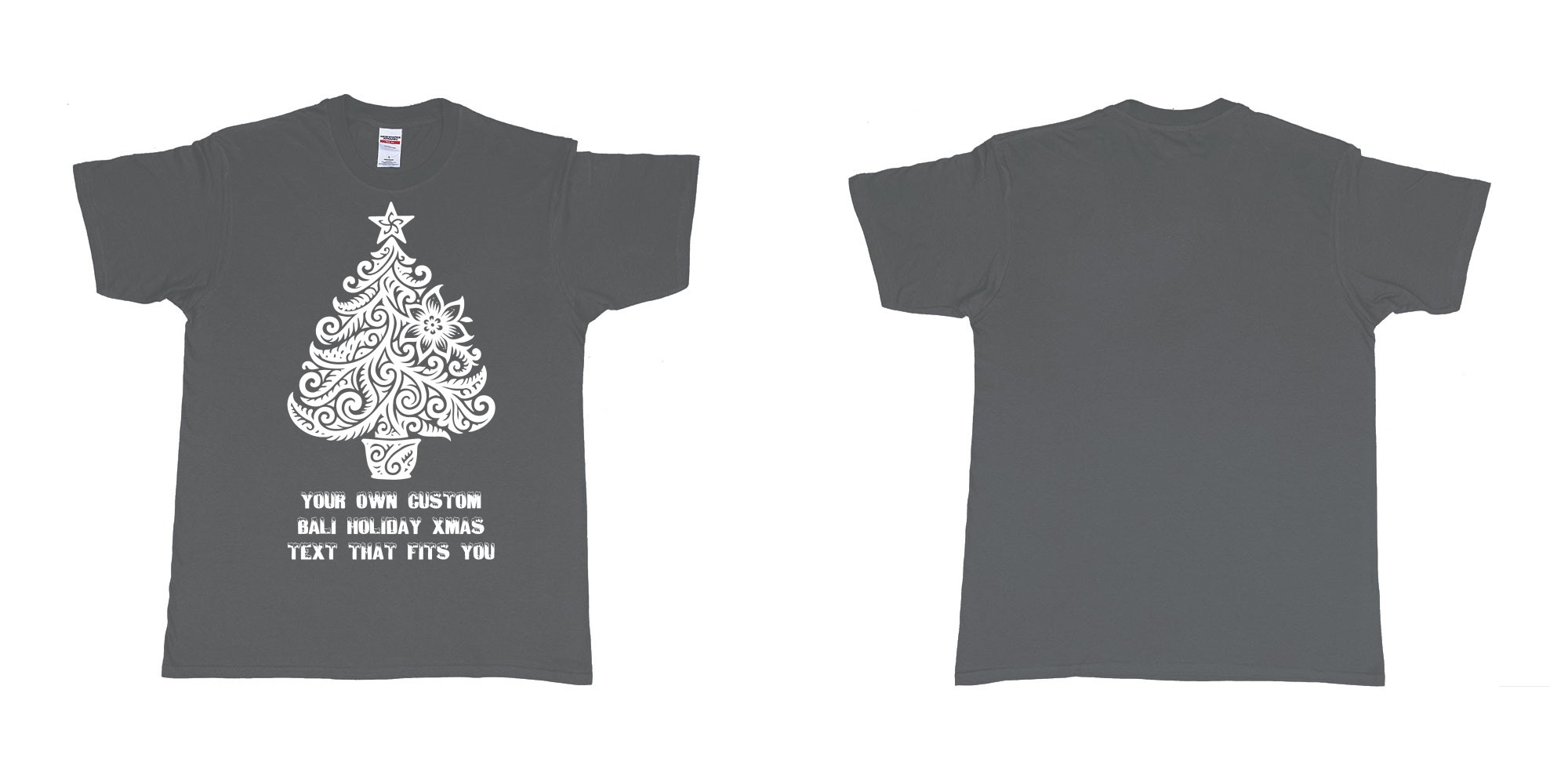 Custom tshirt design xmas tree tribal add own custom text tshirt print bali in fabric color charcoal choice your own text made in Bali by The Pirate Way