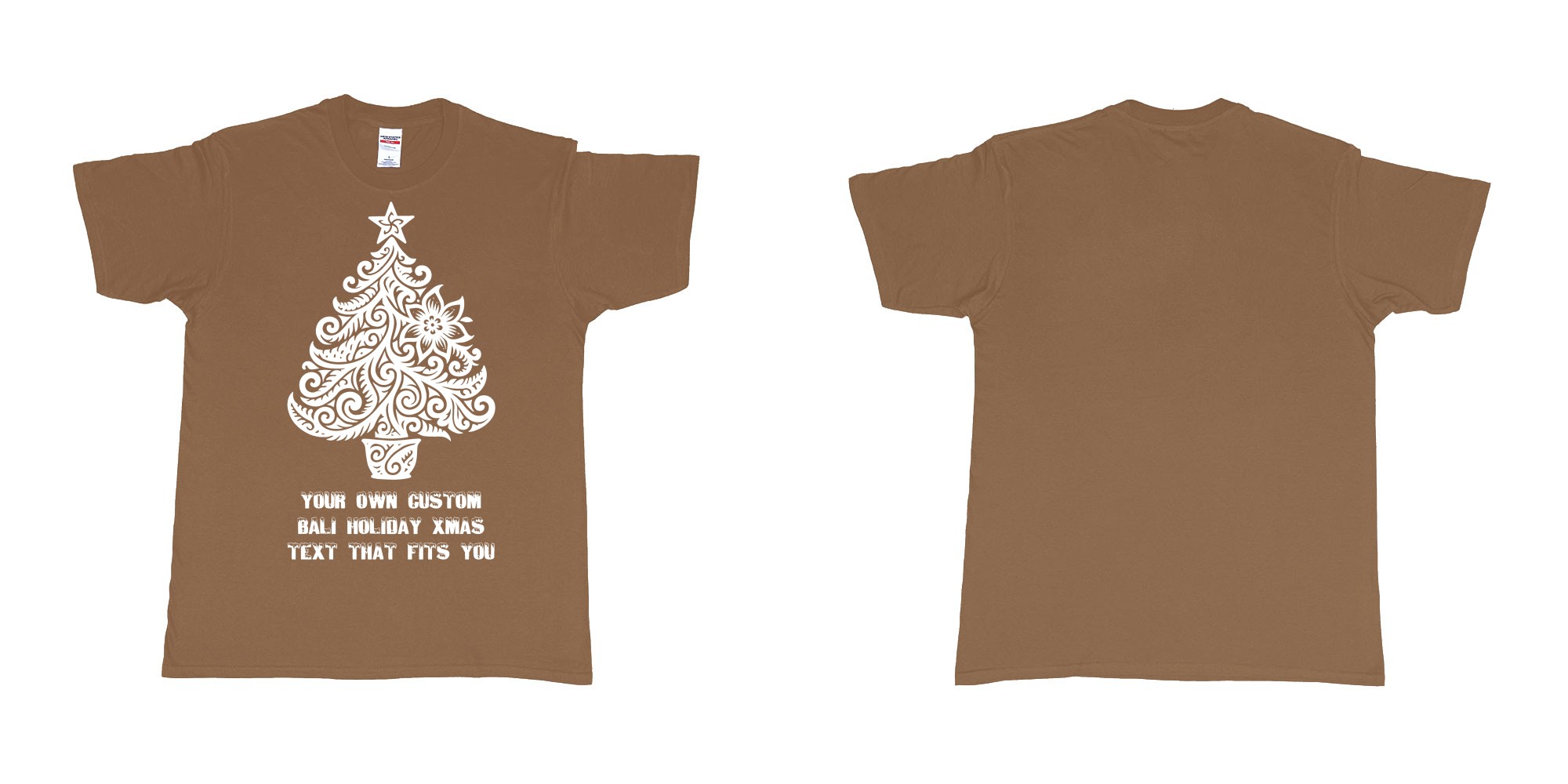 Custom tshirt design xmas tree tribal add own custom text tshirt print bali in fabric color chestnut choice your own text made in Bali by The Pirate Way