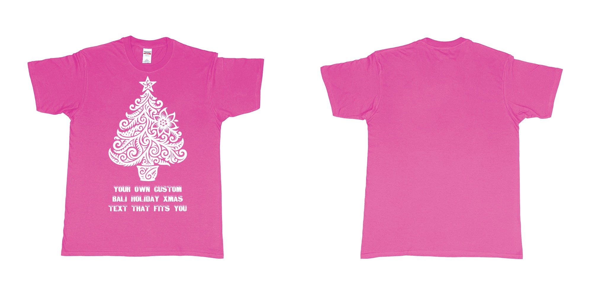 Custom tshirt design xmas tree tribal add own custom text tshirt print bali in fabric color heliconia choice your own text made in Bali by The Pirate Way