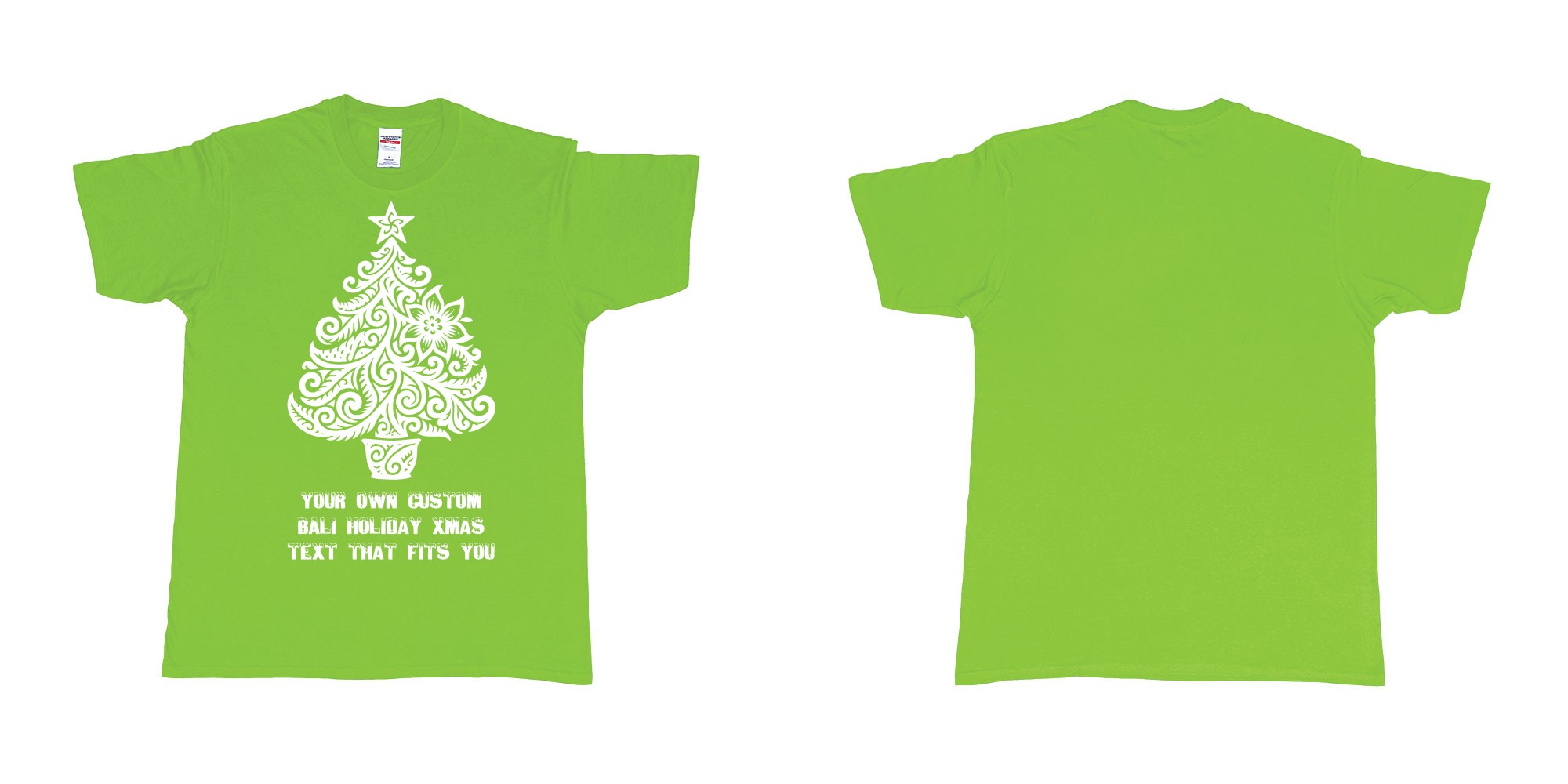 Custom tshirt design xmas tree tribal add own custom text tshirt print bali in fabric color lime choice your own text made in Bali by The Pirate Way