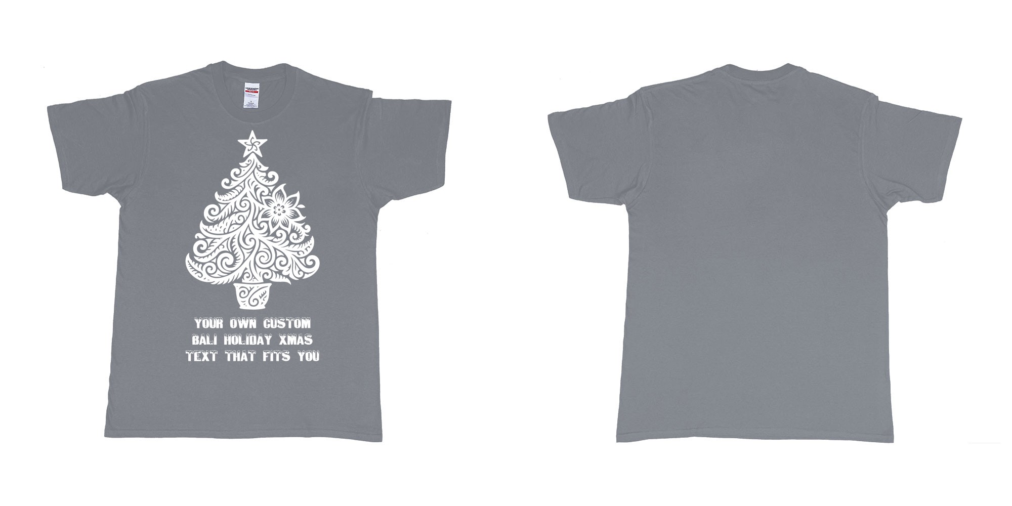 Custom tshirt design xmas tree tribal add own custom text tshirt print bali in fabric color misty choice your own text made in Bali by The Pirate Way