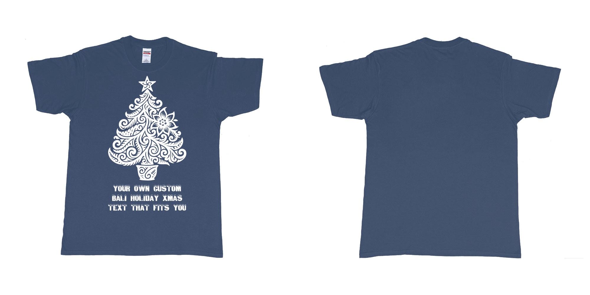 Custom tshirt design xmas tree tribal add own custom text tshirt print bali in fabric color navy choice your own text made in Bali by The Pirate Way