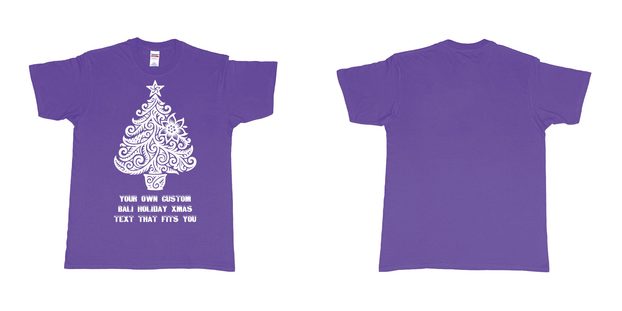 Custom tshirt design xmas tree tribal add own custom text tshirt print bali in fabric color purple choice your own text made in Bali by The Pirate Way