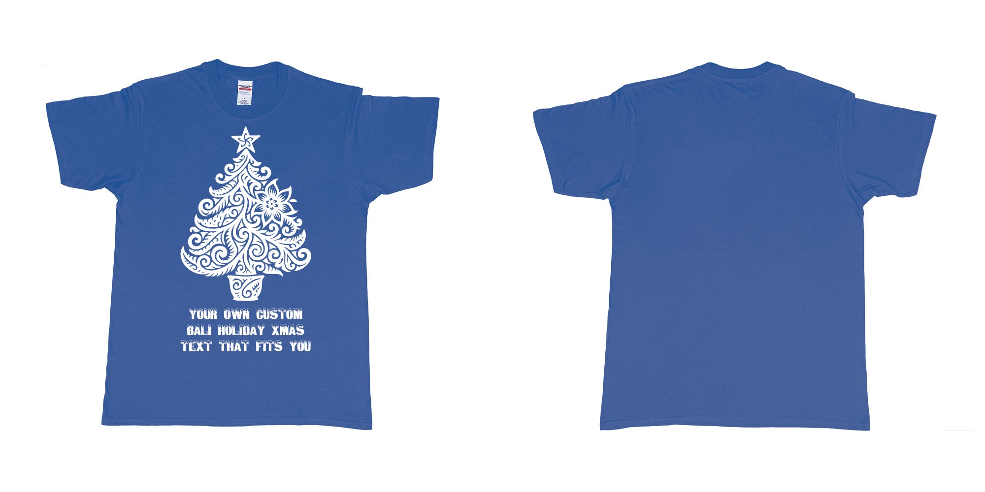 Custom tshirt design xmas tree tribal add own custom text tshirt print bali in fabric color royal-blue choice your own text made in Bali by The Pirate Way