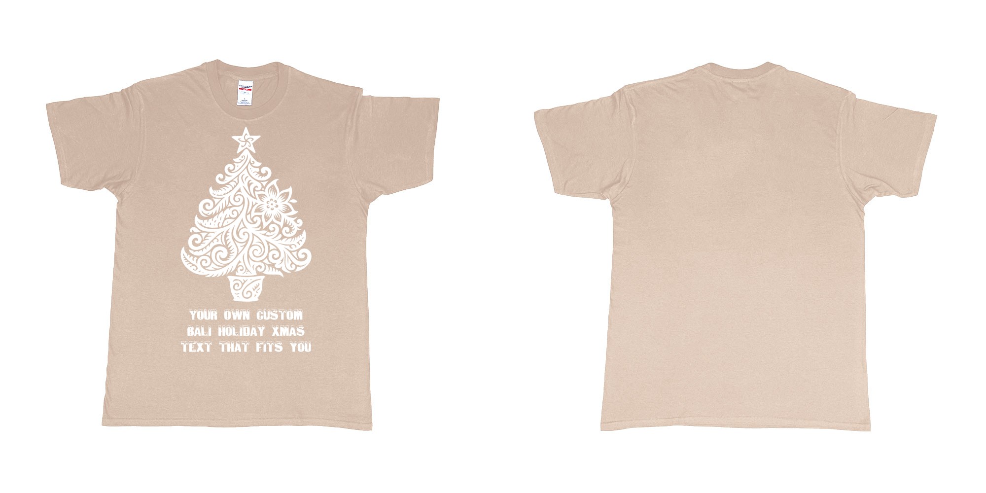 Custom tshirt design xmas tree tribal add own custom text tshirt print bali in fabric color sand choice your own text made in Bali by The Pirate Way