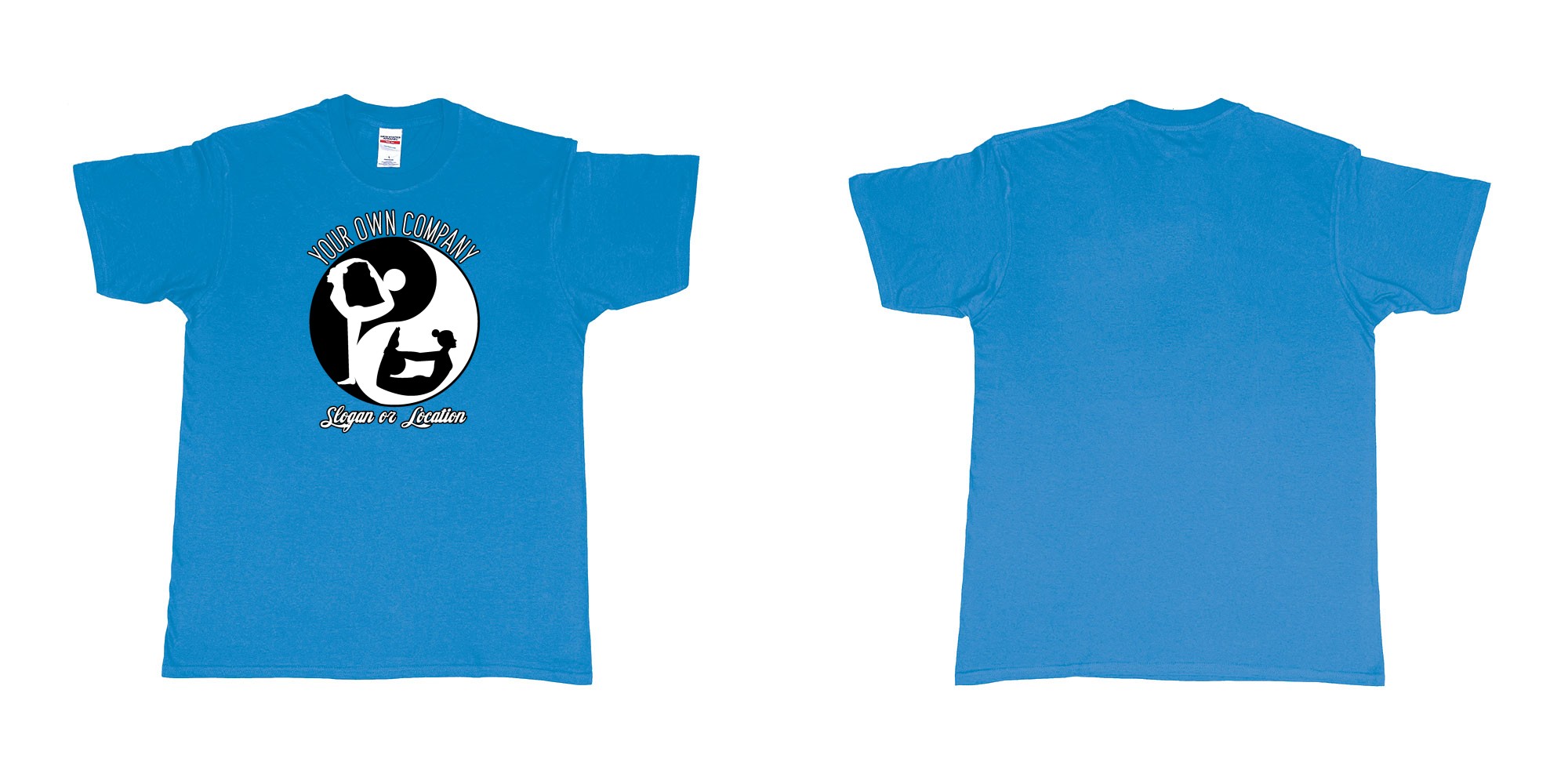 Custom tshirt design yin yang yoga balance custom studio t shirt in fabric color sapphire choice your own text made in Bali by The Pirate Way