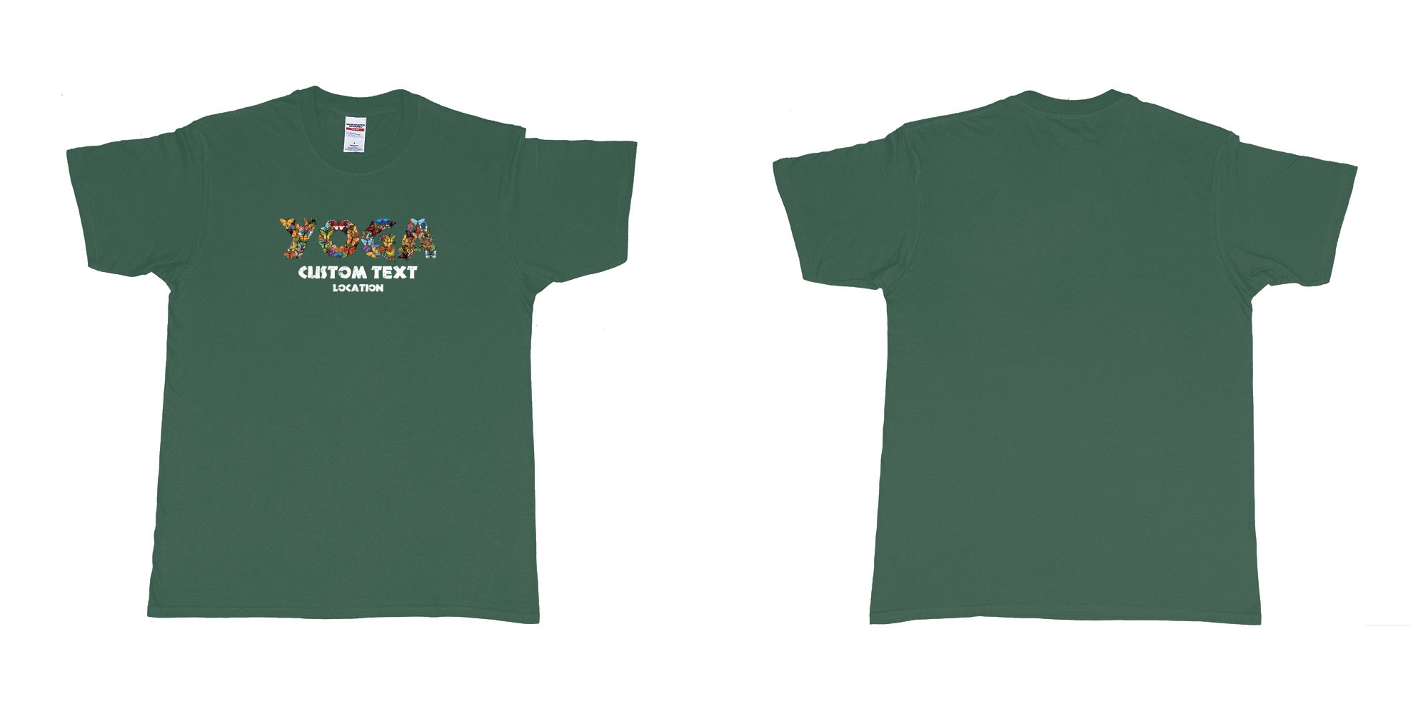 Custom tshirt design yoga butterflys custom text location in fabric color forest-green choice your own text made in Bali by The Pirate Way