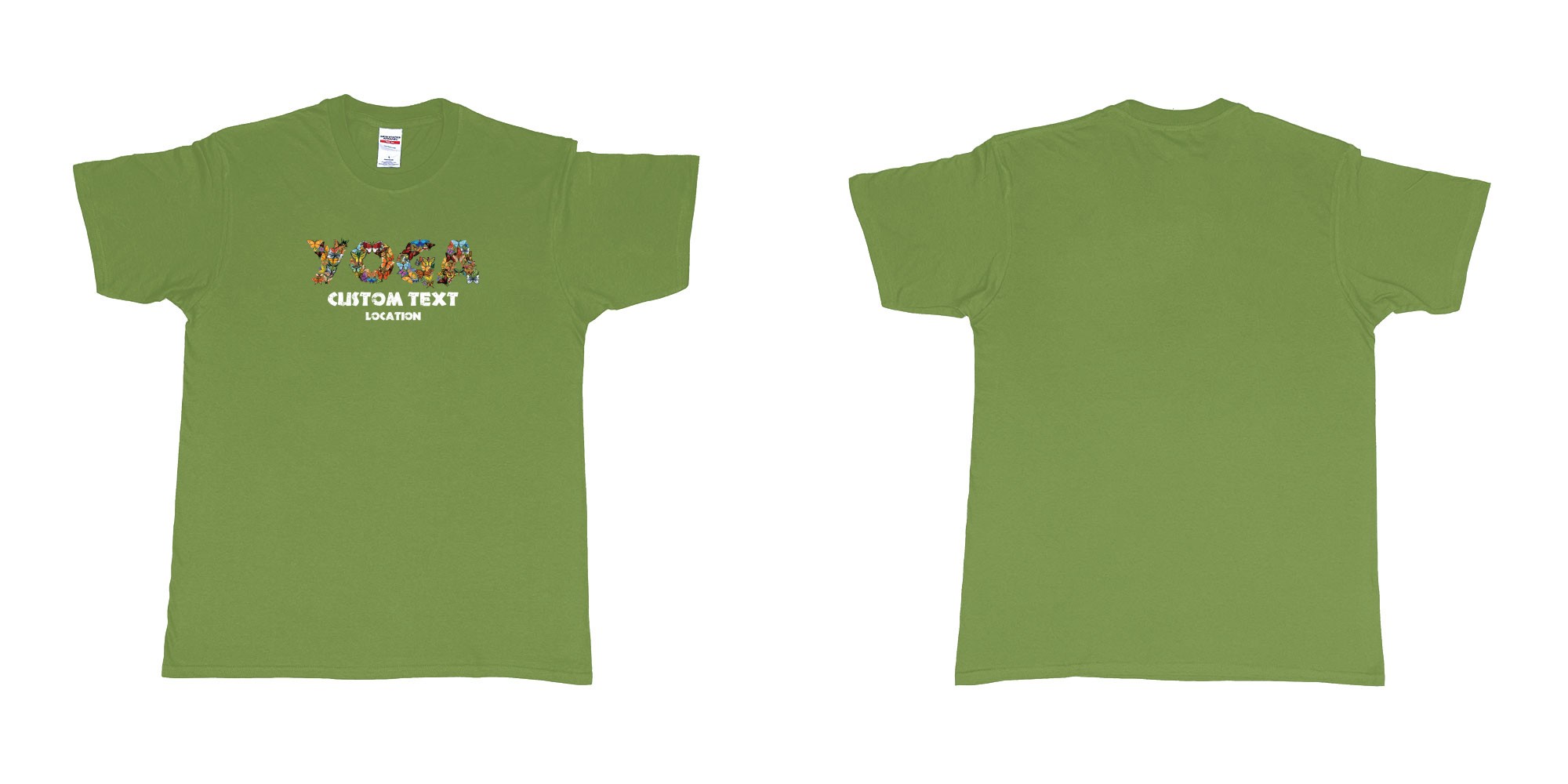 Custom tshirt design yoga butterflys custom text location in fabric color military-green choice your own text made in Bali by The Pirate Way