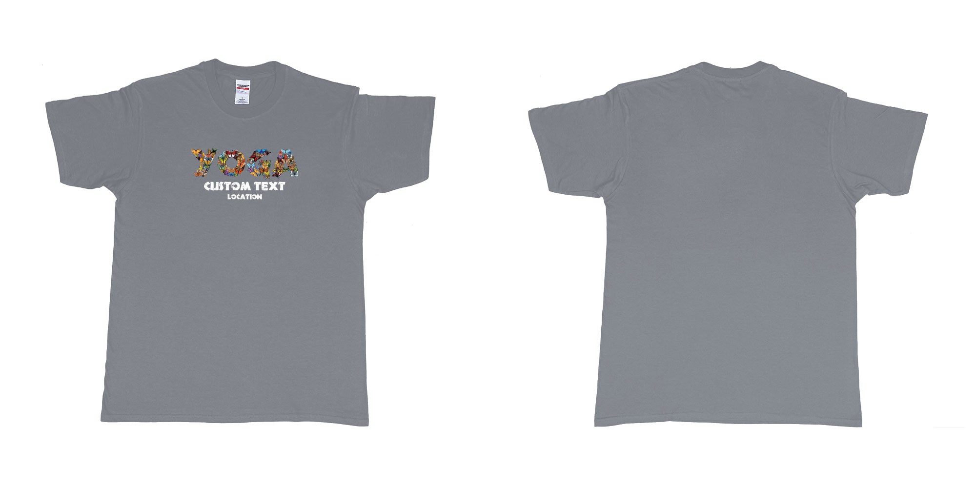 Custom tshirt design yoga butterflys custom text location in fabric color misty choice your own text made in Bali by The Pirate Way