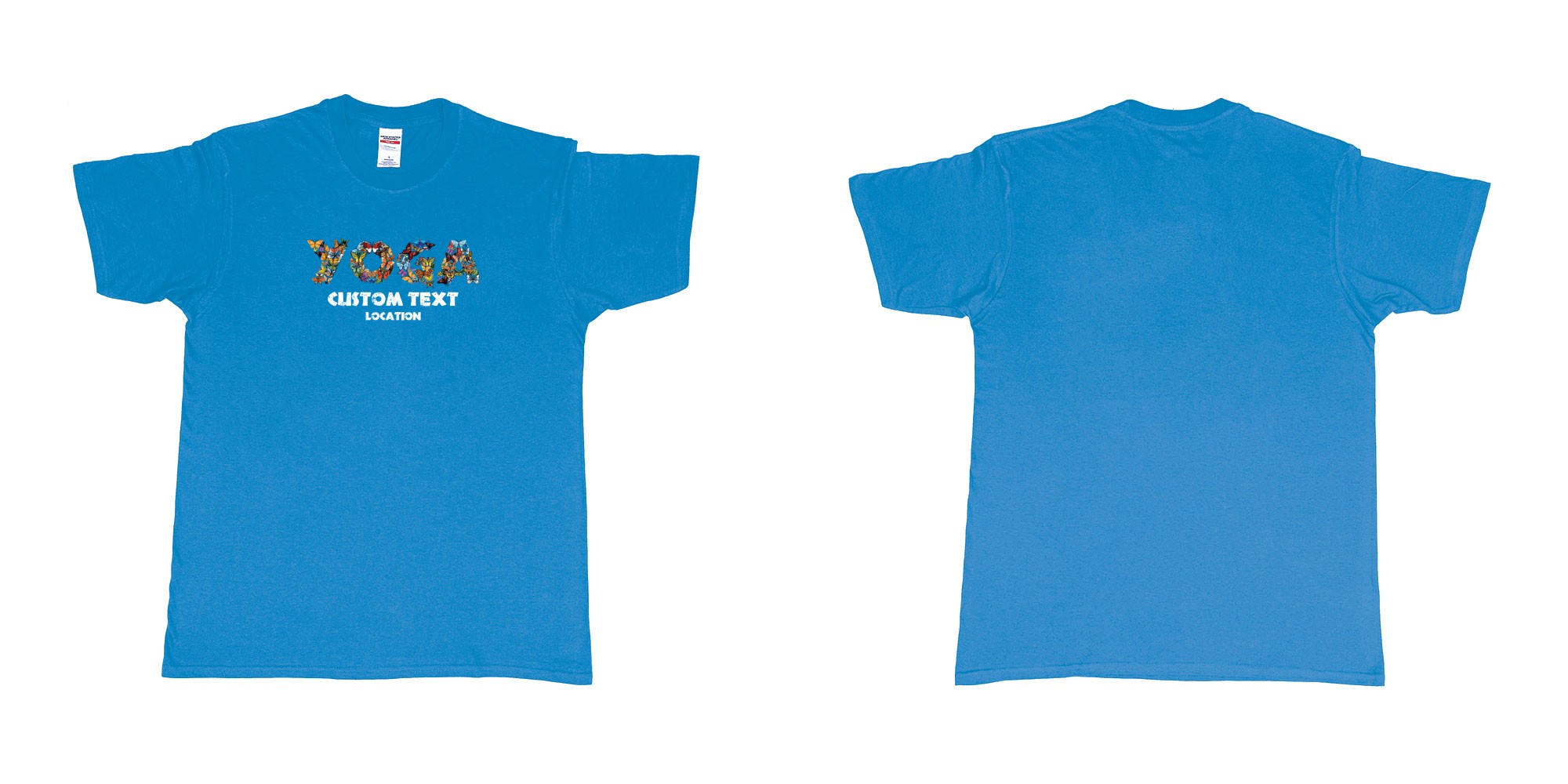 Custom tshirt design yoga butterflys custom text location in fabric color sapphire choice your own text made in Bali by The Pirate Way