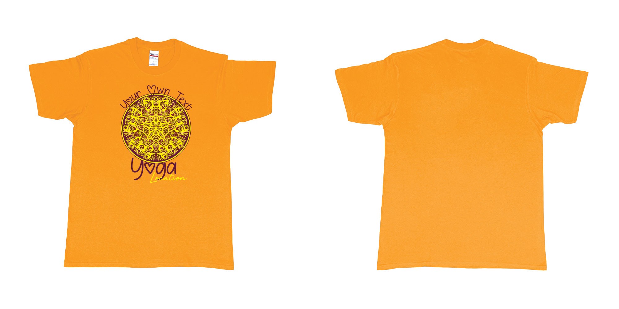 Custom tshirt design yoga mandala with people doing different yoga poses asanas own custom text printing in fabric color gold choice your own text made in Bali by The Pirate Way