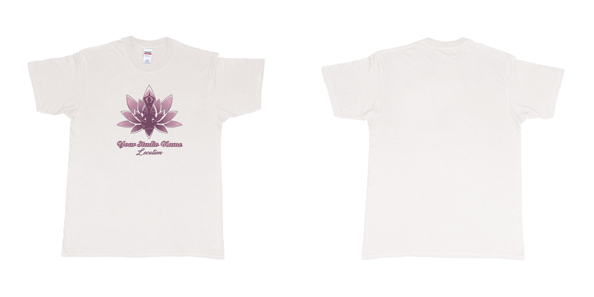 Custom tshirt design yoga meditation lotus own studio t shirt screen printing bali in fabric color white choice your own text made in Bali by The Pirate Way