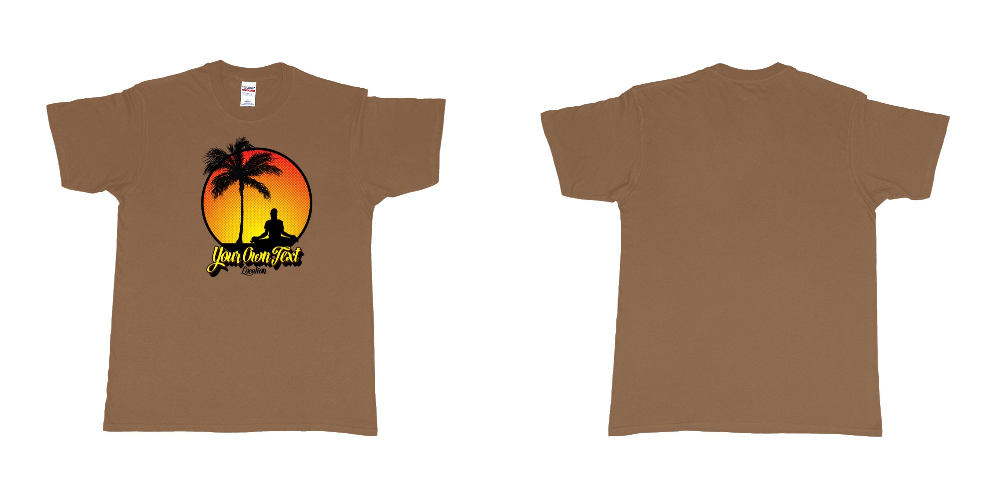 Custom tshirt design yoga palmtree sunset halftone your own text location screen printing bali in fabric color chestnut choice your own text made in Bali by The Pirate Way