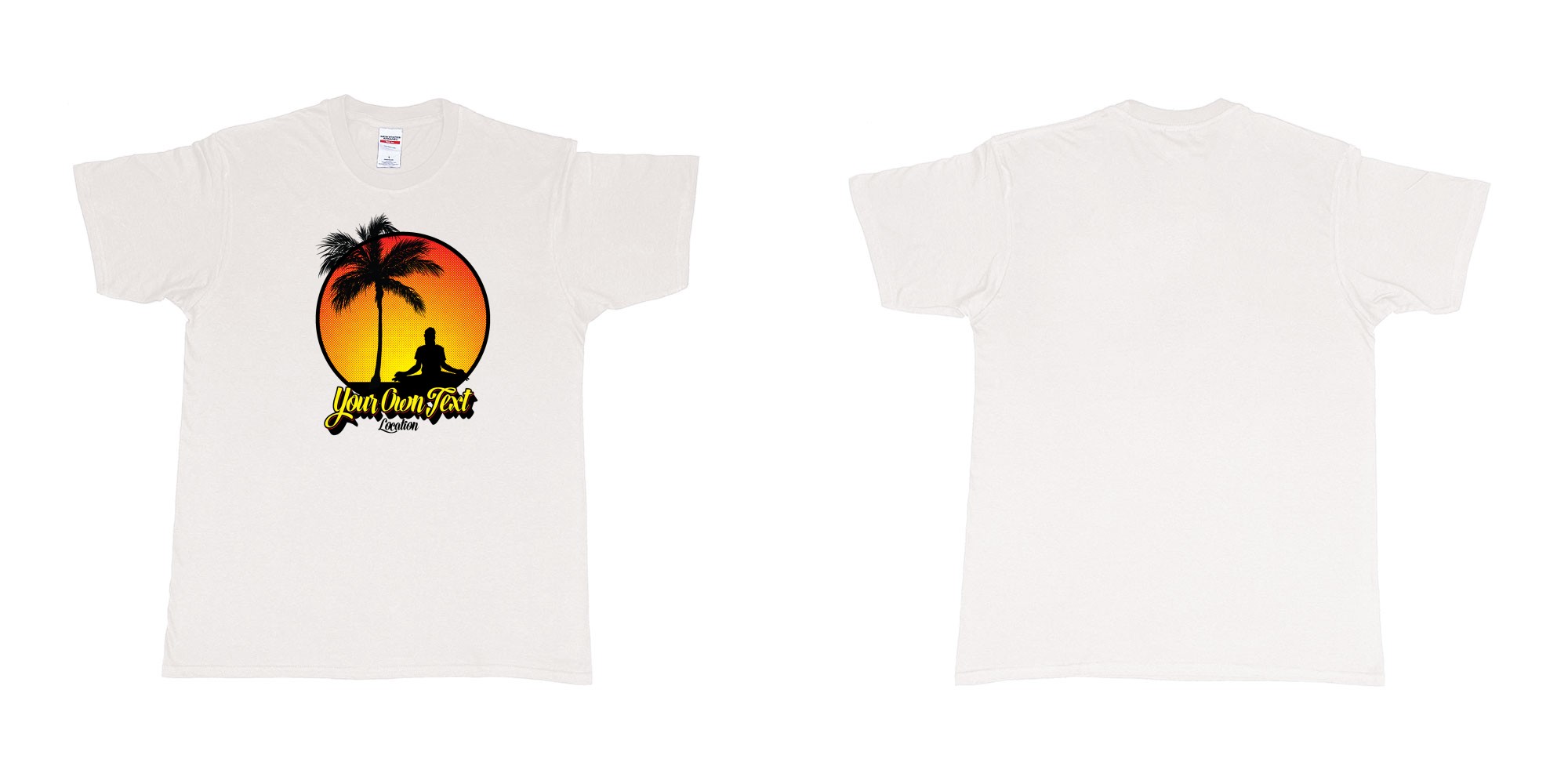 Custom tshirt design yoga palmtree sunset halftone your own text location screen printing bali in fabric color white choice your own text made in Bali by The Pirate Way