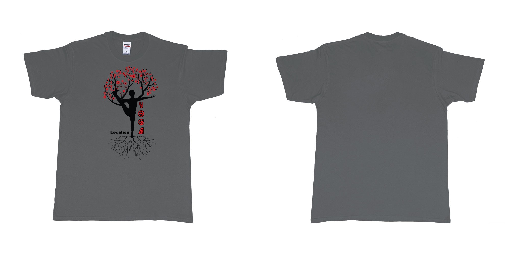 Custom tshirt design yoga tree of life is blooming own logo location design in fabric color charcoal choice your own text made in Bali by The Pirate Way