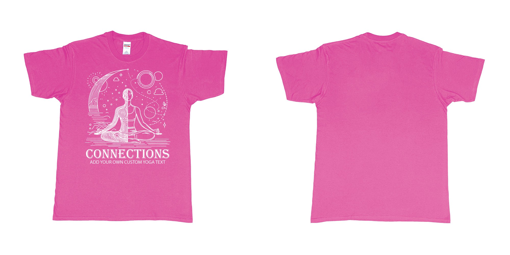 Custom tshirt design yogo connections human moon stars custom bali tshirt printing in fabric color heliconia choice your own text made in Bali by The Pirate Way